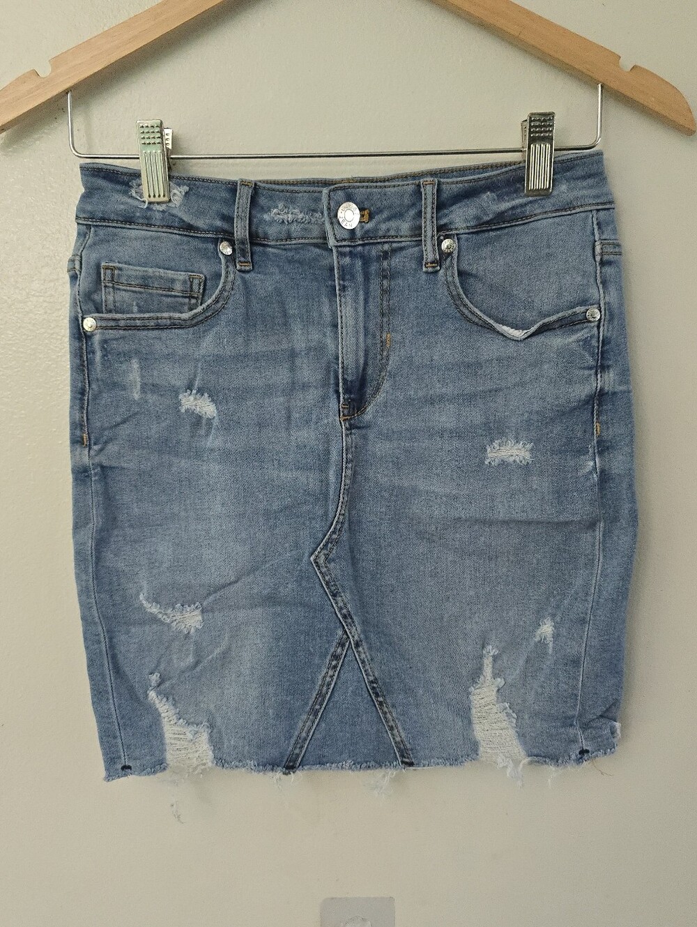 Guess Light Blue Distressed Denim Mini Skirt
